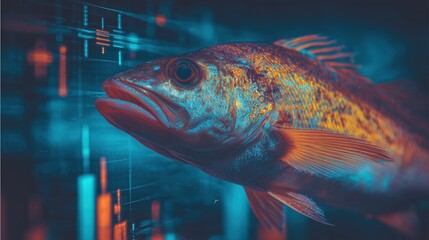 Symbolic fish swimming through dynamic stock market with orange and blue candlestick charts background, conveying financial investment concepts in high-definition wide-angle perspective featuring stro