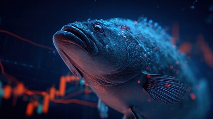 Symbolic fish swimming through dynamic stock market with orange and blue candlestick charts background, conveying financial investment concepts in high-definition wide-angle perspective featuring stro