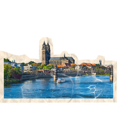 scrapbook cutout of panorama of the city of barcelona spain