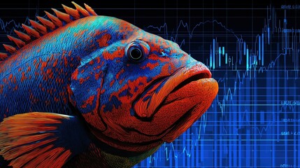 Symbolic fish swimming through dynamic stock market with orange and blue candlestick charts background, conveying financial investment concepts in high-definition wide-angle perspective featuring stro
