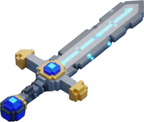 Pixelated fantasy sword with glowing blue blade golden guard and blue gem accents isolate voxel game