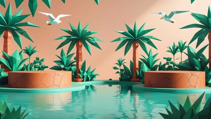Low-poly tropical paradise scene: serene turquoise pool, cracked earth podiums, vibrant green palm trees, flying seagulls, pastel peach background; idyllic summer mood, product display.