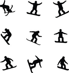 Obraz premium Nine snowboarder silhouettes action poses winter sports