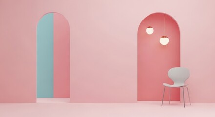 Modern minimalist interior design with pastel colors, featuring arches, soft lighting, a stylish chair, and a serene atmosphere in a contemporary setting