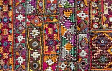 Traditional wall hanging from Rajasthan, colourful, inlaid with mirrors and different patterns, detail, Udaipur, Rajasthan, India