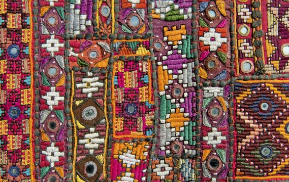 Traditional wall hanging from Rajasthan, colourful, inlaid with mirrors and different patterns, detail, Udaipur, Rajasthan, India