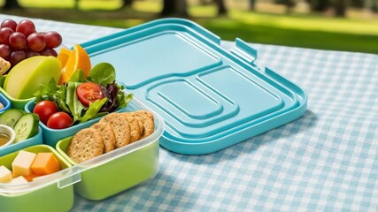 Healthy bento box lunch for a picnic, filled with fresh fruits, vegetables, hummus, cheese, and crackers. A balanced and colorful meal prep concept.