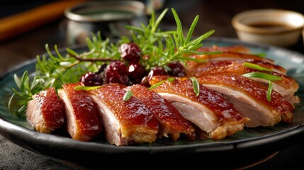 Sliced Peking Duck with Garnish on Elegant Plate Presentation