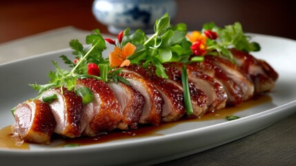 Perfectly Sliced Peking Duck with Garnish on Elegant Plate