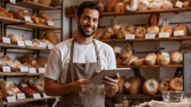 Baker Smiling With Tablet, Fresh Bread Background - Powered by Adobe