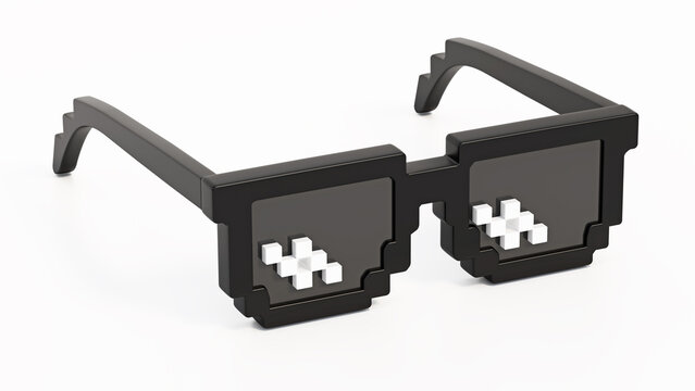 Stylized 8-bit game sunglasses isolated on transparent background. 3D illustration