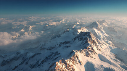 Aerial view of snow-capped mountains and alpine landscape under a beautiful winter sky
