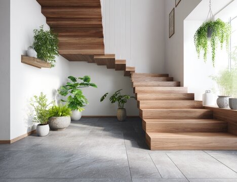 Modern, bright, wood stairs with plants
