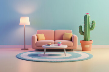 3D cartoon living room sofa, coffee table, floor lamp and potted plant scene design