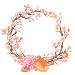 Sakura cherry tree wreath with Chinese coins, pink chrysanthemum flower heads and tangerines. Chinese New year clipart. Hand-drawn illustrations for greeting cards, covers, invitation design