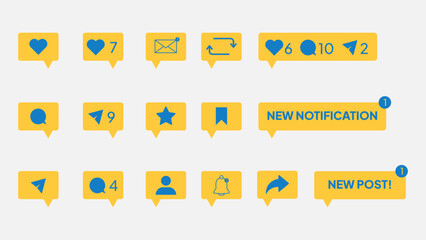 set of social media notifications illustration, heart, like, comment and message icon on yellow red shape, social and network concept.
