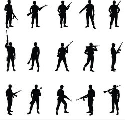 Naklejka premium Silhouettes of soldiers with rifles in various poses