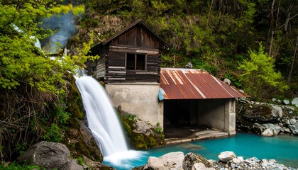 Waterfall cascading into turquoise pool beside rustic wooden cabin