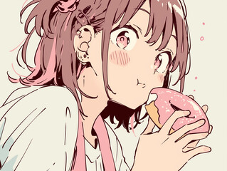 Cute Anime Girl Eating a Pink Donut