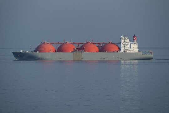 Liquefied natural gas is transported by LNG tanker Arctic Voyager, 290 metres long, 48 metres high, flag Bahamas, Baltic Sea