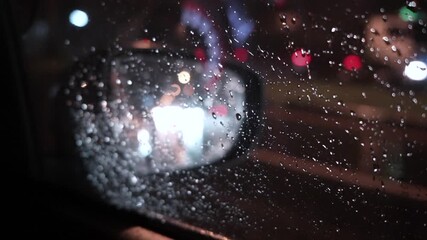 Rain cinematic close up of a rainy night view through a car rearview mirror. Beautiful bokeh of traffic lights, reflections on wet glass, and moody urban atmosphere.  - Powered by Adobe