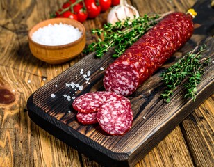 Sliced cured sausage on a rustic wooden board with herbs and spices