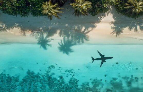 The shadow of an airplane flying over the turquoise sea and tropical beach, top view. 