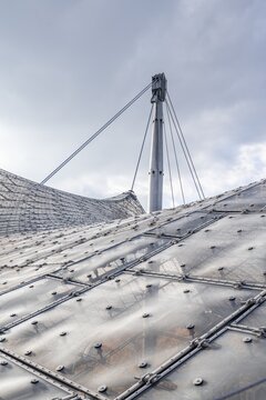 Supports and panels on the tent roof of the Olympic Stadium, Olympic Stadium tent roof tour, Olympic Stadium, Olympic Park, Munich, Bavaria, Germany