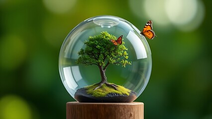 A glass orb containing a miniature tree and butterfly on a green background, representing ecological balance.