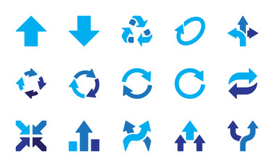 Blue arrows big icons collection. Arrow symbol. Direction, cursor, pointer sign. Decorative arrows. Modern design elements for apps, interface, business and project. Flat design. Vector illustration.