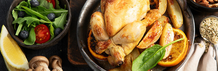Table scene of various delicious foods. Healthy, family dinner.