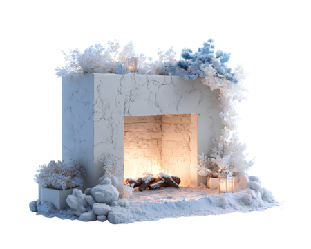 3D fireplace with snow and decorations on a transparent background, - Powered by Adobe