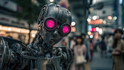 Fototapeta premium Steampunk robot statue in city street