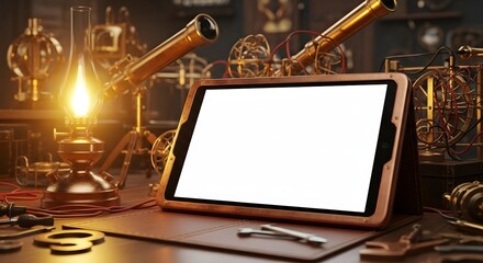 Photo of steampunkstyle tablet with blank screen on a desk with vintage gadgets and a lamp