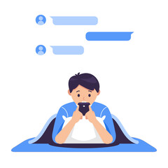 young man laying down on blue bed using smartphone and smile, front view, chatting concept