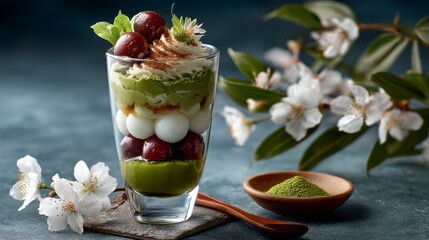 Delightful Japanese Dessert Parfait with Matcha Layers and Fruits
