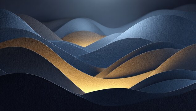 Abstract 3D textured wave patterns in dark blue and gold