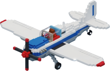 Voxel art single engine propeller airplane with blue stripe and red accents studio shot on black aviation transparent background