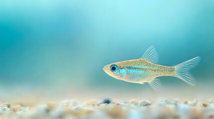Naklejka premium Small translucent fish with bright blue eyes swims in clear blue water