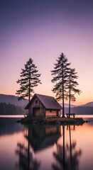 Fototapeta premium Serene Lake Cabin A Vertical Portrait Wallpaper of Tranquility