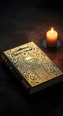Fototapeta premium Photo of the holy quran book with golden cover and a candle on a dark background