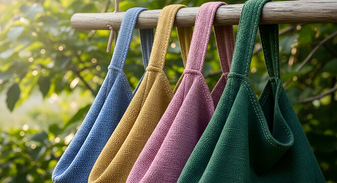 Colorful Fabric Tote Bags Hanging on a Wooden Rack, Eco-Friendly and Sustainable
