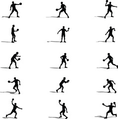 Twelve silhouettes of men playing paddleball