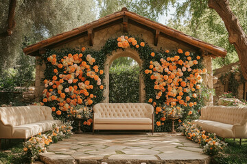 Bride and groom exchanging vows amidst orange flowers and greenery.