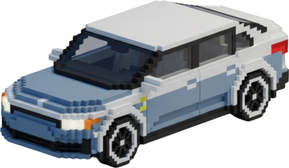 Voxel art illustration of a light blue and white SUV front view isolated car vehicle 3D pixelated automotive