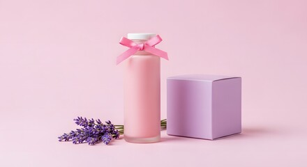 Elegant pink bottle with lavender and purple box on soft pink background