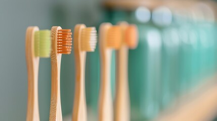 Natural bamboo toothbrushes with colorful bristles in a row