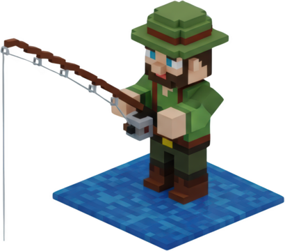 Pixelated fisherman with hat and rod stands on water isolate fishing pixel art blocky character sport