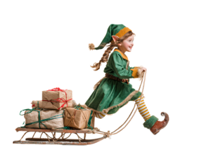 A girl dressed as an elf pulling presents on a sled, isolated on a transparent