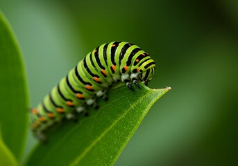 Fototapeta premium Swallowtail Caterpillar Feasting on Green Leaf, Macro Shot of Eastern Black Swallowtail Larva Munching on Foliage